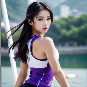 Female athletes, (((stunningly handsome Asia wowoman))), Black long hair. 25 years old. Eyes, purple_eyes, Confident face, cute.Perfect lips, wet skin.detailed eyes, handsome face, wide nose, slim eyes, toned body, nice legs, toned legs, full body, A sunny morning, White tight fitting sportswear. Sportswear,
dynamic pose, action,
from below,ink scenery, black and purple colors only, pen and brush stroke, action_lines, motion_lines,slingshot