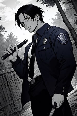 (1 image only), itachi uchiha, black hair, middle hair, red_eyes, policeman shirt, dark blue necktie, black jacket, long sleeves, police_baton, buttoned up jacket, dark blue pants, black shoes, mature, handsome, charming, alluring, perfect anatomy, perfect proportions, (best quality, masterpiece), (perfect eyes), perfect hands, high_resolution, dutch angle, cowboy shot, rural .pastoral, forest, creep, suspense, horror, manga, greyscale, monochrome, best quality