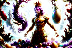 Egg God,1large golden easter egg, lavish, extravagent, decorations, golded crown decorated with rubies and gems atop, having an aura of purple & gold, surounded by many smaller multi colored eggs floating all around, reefs and vines ,aw0k,DonM3l3m3nt4lXL,Katon