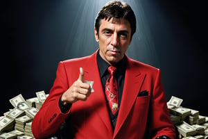 tony montana, dresed in a red and black suit, surounded by money and drugs, flipping the bird