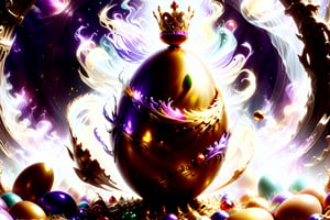 Egg God,1large golden easter egg, lavish, extravagent, decorations, golded crown decorated with rubies and gems atop, having an aura of purple & gold, surounded by many smaller multi colored eggs floating all around,