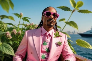 snoop dogg,wearing pink pimp suits, that has weed leafs all over it, marijuana leaf shaped sunglasses, smoking 1 fat ass joint, a bunch of hydro weed plants all around, on a huge yacht,MaskGO24K