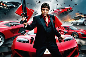 Tony Montana, aka scar face, dressed in a red and black suit, standing in front of many fancy fast sports cars, money falling from the sky, with a machine gun in his hands, pointed at the viewer,aslyw