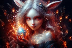 beautiful girl bunny, with a halo on her head, firey flaming red eyes, with a glowing bright crystal glass egg in her  hands,DonMD3m0nXL 