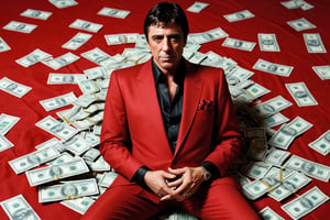 tony montana, dresed in a red and black suit, surounded by money and drugs