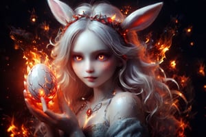 beautiful girl bunny, with a halo on her head, firey flaming red eyes, with a glowing bright crystal glass egg in her  hands,DonMD3m0nXL 