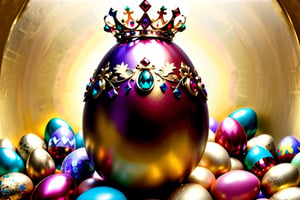 1large golden easter egg, lavish decorations, golded crown decorated with rubies and gems atop, surounded by many smaller multi colored eggs