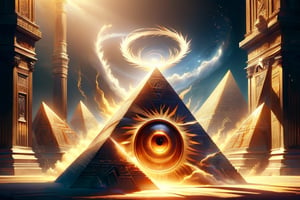 photo r3al, detailmaster2, masterpiece, photorealistic, 8k UHD, best quality, ultra realistic, ultra detailed, hyperdetailed photography, real photo, illuminati, pyramids, one eye, (masons symbolism), with pyramids in the back ground
a god like entity with a pyramid for a head, one single eye in the center of pyramid head