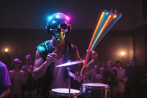a party guy with a disco ball head playing the drums with glow sticks in a court room
