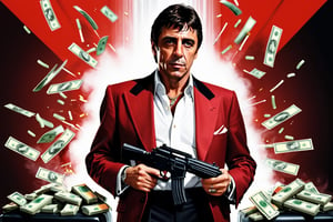 tony montana, dresed in a red and black suit, surounded by drugs and money, with a machine gun in his hands