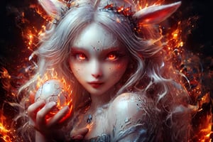 beautiful girl bunny, with a halo on her head, firey flaming red eyes, with a glowing bright crystal glass egg in her  hands,DonMD3m0nXL 