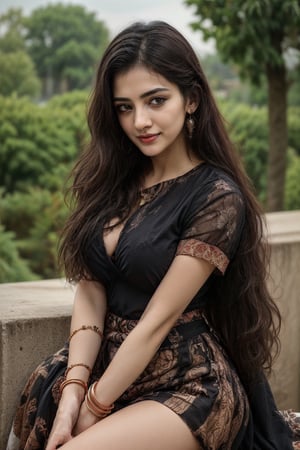 Neon light, 24 years old, city background, long hair, jewelery earrings, realisticbreasts, looking at dog , smile, black hair, jewelry, solo_female, earrings, wearring traditional dress of haryana , sit on her garden,bracelet, realistic,80', photorealistic,80' girl, bangle , looking hot and sexy