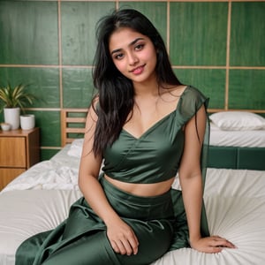 20year old hispanic women, wearing a beautiful  green frock and sit in her bed in her bed room  ,wet hair , blue eyes , black hair , smiling, medium breast , taken with a canon Eos R5 and 85mm lens , photo realistic images, clear realistic indoor background,hd in black saree of holi background