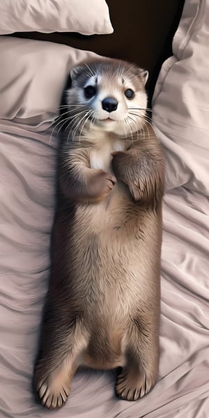 Realistic, a mini cute little otter, lying on the bed with its limbs spread out and its butt raised. The background is a cozy room contrasting with the color of the black otter. The posture and expression of the otter express a "happy" feeling, delicate and cute,bsp,hybrid