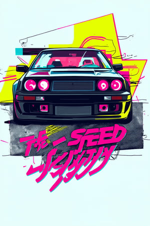 Create an image featuring a central composition of a drawed jdm car, bright colours and sketchy lines, Include abstract geometric shapes and patterns .  bold, stylized text of "THE SPEED COMMUNITY" with smaller geometric designs beneath it.  should feature a vertical strip of Japanese Katakana characters in neon pink. The overall aesthetic is reminiscent of 1980s retro-futurism with a cyberpunk flair with a VHS degraded look of video tape on top aesthetic, the background is white, the overal picture is pleasingly aestetic