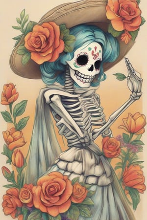 A vibrant, rough, and expressive color pencil sketch in a retro style, depicting La Catrina as a skeleton in traditional Mexican dress and surrounded by flowers. The background is a warm, creamy paper texture, with visible pencil marks and subtle creases, evoking a sense of tactile realism. The overall aesthetic is a fusion of psychedelic rock posters and vintage comic book art, with bold, saturated colors and loose, expressive lines.
