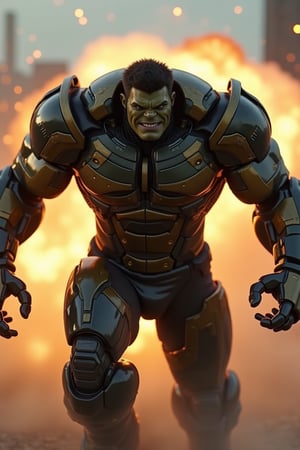 A photorealistic hulk robot  flaying black and gold armor color, flies into a close-up camera shot. The background cyberpunk is blurred explosion jet, smoke and fire 