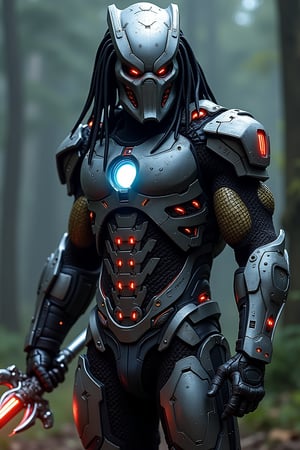 A Hi-Tech cyberpunk stanyle predator face in iron man suit full body war, Custom design, Mechanical screamers, shining body, glowing look, full shining suit, body, hues.,steampunk style,cyberpunk style,mecha, perfect custom Hi-Tech suit, holding sword, weapon master, Hi-Tech belt, muscular body suite
