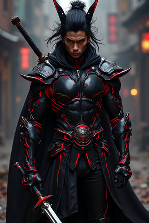 A Hi-Tech cyberpunk black wukong, Custom design, Mechanical screamers, shining body, glowing look, full shining suit, body, hues.,steampunk style,cyberpunk style,mecha, perfect custom Hi-Tech suit, holding sword, weapon master, Hi-Tech belt, muscular body suite
