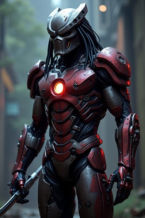 A Hi-Tech cyberpunk stanyle predator face in iron man suit full body war, Custom design, Mechanical screamers, shining body, glowing look, full shining suit, body, hues.,steampunk style,cyberpunk style,mecha, perfect custom Hi-Tech suit, holding sword, weapon master, Hi-Tech belt, muscular body suite
