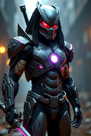 A Hi-Tech cyberpunk stanyle predator face in iron man suit full body war, Custom design, Mechanical screamers, shining body, glowing look, full shining suit, body, hues.,steampunk style,cyberpunk style,mecha, perfect custom Hi-Tech suit, holding sword, weapon master, Hi-Tech belt, muscular body suite
