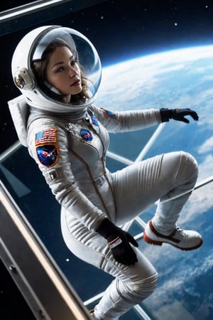 Female, clear transparent spacesuit, glass helmet, construction girders, floating, in space