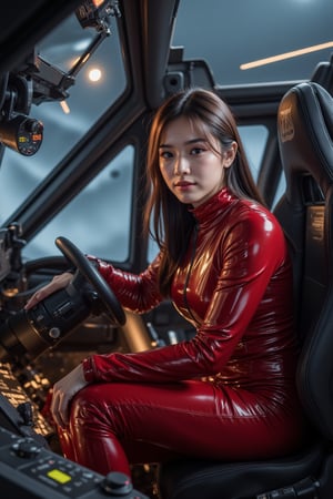 Cyberpunk female, shiny red PVC catsuit, neon lit flight deck, navigational screens, sat in pilots seat, flight controls