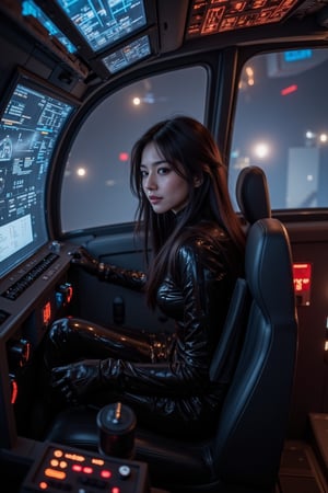 Cyberpunk female, shiny black PVC catsuit, neon lit flight deck, navigational screens, sat in pilots seat, flight controls