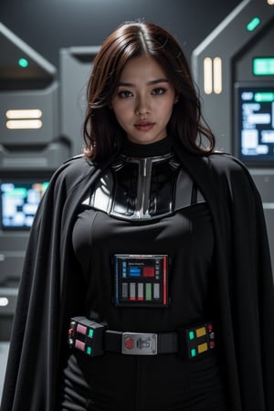 Cyberpunk female, Darth Vader, black Imperial Commanders uniform, starship bridge, extra wide viewscreens