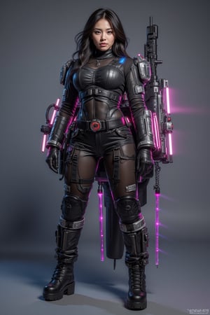 Cyberpunk female, shiny black camo cybernetic armour bodysuit, chunky heel platform boots, neon lit bullet train carriage, holsters, wide belt