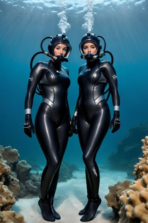 Deep beneath the surface, two female divers, their sleek black wet suits glistening like obsidian, struggle against the tempestuous currents. Faint light illuminates the full-face scuba helmets, fear on their faces as they're entwined with twisted hoses. Arms and legs splayed wide, they're swept along horizontally by the relentless current.