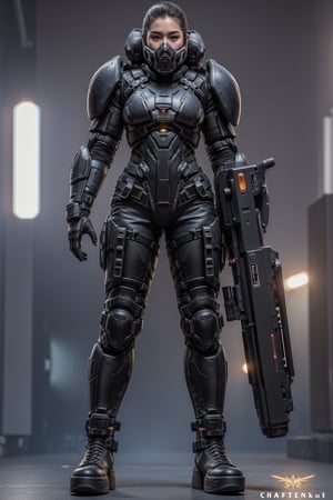 Cyberpunk female, shiny black camo armoured mecha suit, chunky  boots, neon lit spaceport, full face helmet, large plasma gun