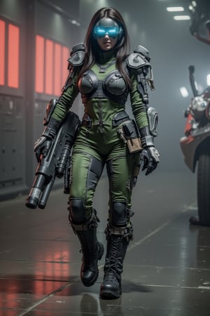 Cyberpunk female, shiny green camo armoured mecha suit, chunky  boots, neon lit spaceport, full face helmet, large plasma gun