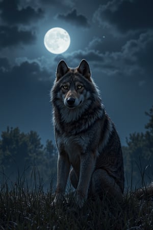 Female werewolf, grassy field, moonlight, night