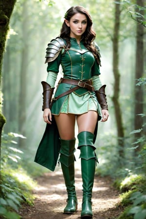 Fantasy female brunette elf, green leather armour tunic, light green leggings,  thigh high boots, path, woodland, dappled sunlight, weapons belt,