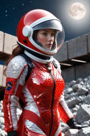 Female, red transparent bubblewrap spacesuit, enclosed helmet, rocky moonscape, construction girders, 