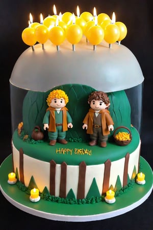 Hobbits Frodo Baggins and Bilbo Baggins, Happy Birthday, large domed cake with candles