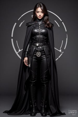 Cyberpunk female Sith Lord, black Imperial Commanders uniform, starship bridge, extra wide viewscreens