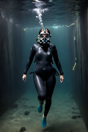 A lone female  clad in a black wetsuit, wearing a full-face dresco scuba mask and air tanks, cautiously descends  into the dark, murky waters. The framing captures her determined stride as she disappears beneath the surface, surrounded by drowned buildings and eerie darkness.