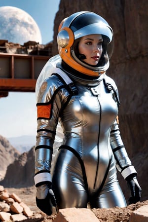 Female, transparent see through spacesuit, enclosed helmet, rocky moonscape, construction girders, 