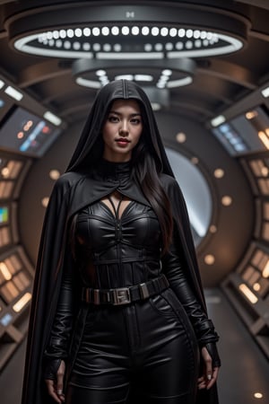 Cyberpunk female Sith Lord, black Imperial Commanders uniform, starship bridge, extra wide viewscreens