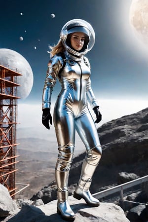 Female, shiny transparent spacesuit, glass helmet, rocky moonscape, construction girders, floating, 