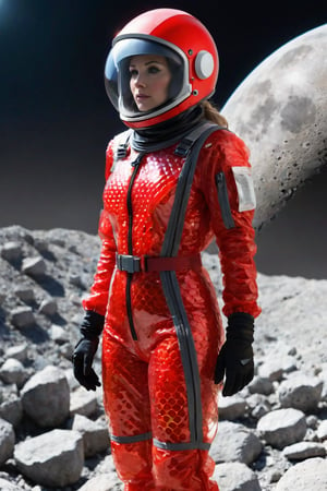 Female, red transparent bubblewrap spacesuit, enclosed helmet, rocky moonscape, construction girders, 