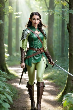 Fantasy female brunette elf, green leather armour tunic, light green leggings,  thigh boots, path, woodland, dappled sunlight, weapons belt,