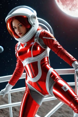 Female, clear transparent shiny spacesuit, glass helmet, construction girders, red alien moonscape