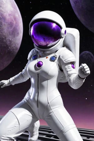 Female, white shiny spacesuit, glass helmet, purple moonscape, girders, floating, arms wide for balance, 