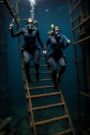 Two females, clad in  black bikinis, wearing a full-face scuba mask and air tanks, cautiously descends a rusty ladder into the dark, murky waters. The framing captures determined strides as they disappear beneath the surface, surrounded by eerie darkness.