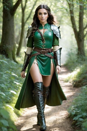 Fantasy female brunette elf, long green leather armour tunic, thigh high boots, path, woodland, dappled sunlight, wide leather belt,