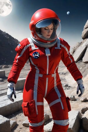 Female, transparent red spacesuit, enclosed helmet, rocky moonscape, construction girders, 