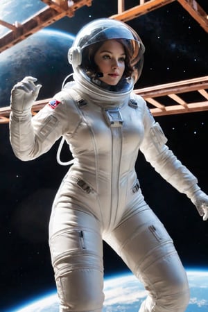 Female, clear transparent spacesuit, glass helmet, construction girders, floating, in space